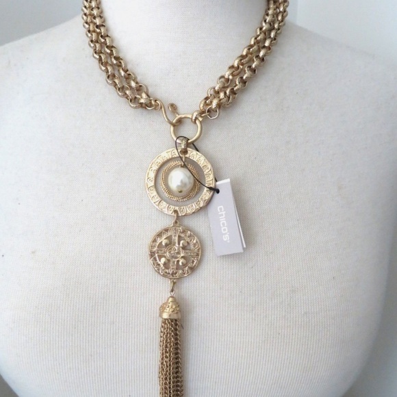 Chicos Mitzi CLD Pearl Convertable Gold Tone Multi Pendant Tassel Necklace - Picture 2 of 11